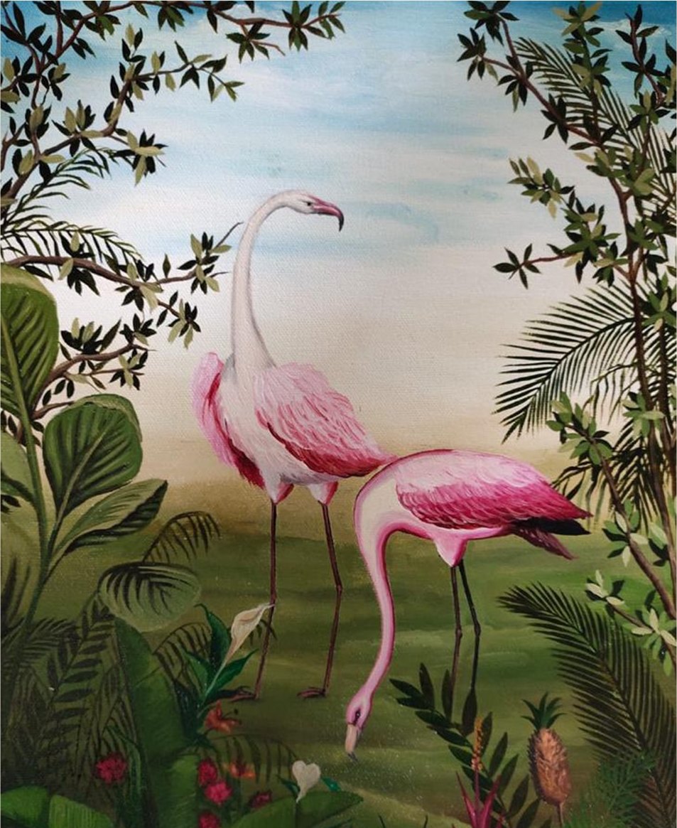 Second painted stage, foliage and flamingos developed