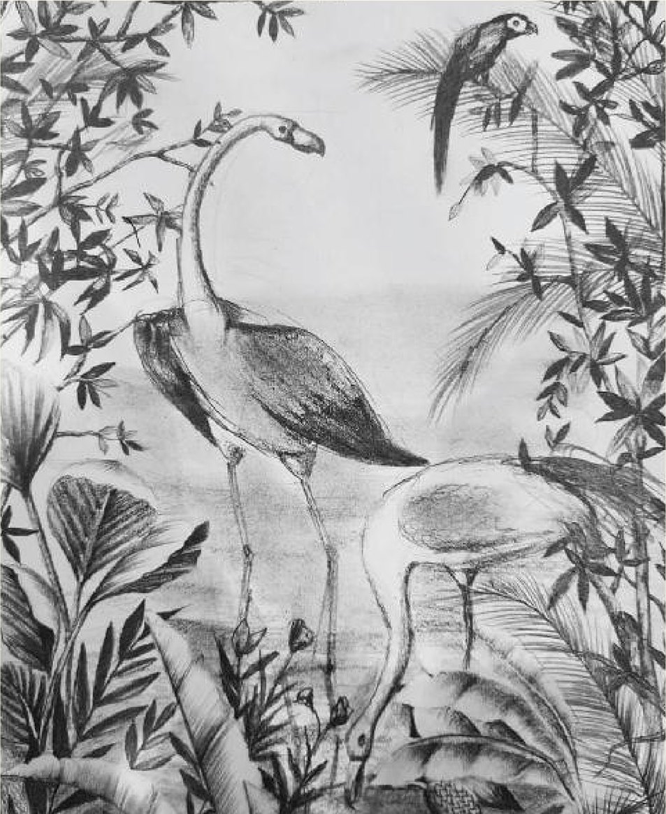 Charcoal sketch of flamingos and a macaw, 6 July 2021