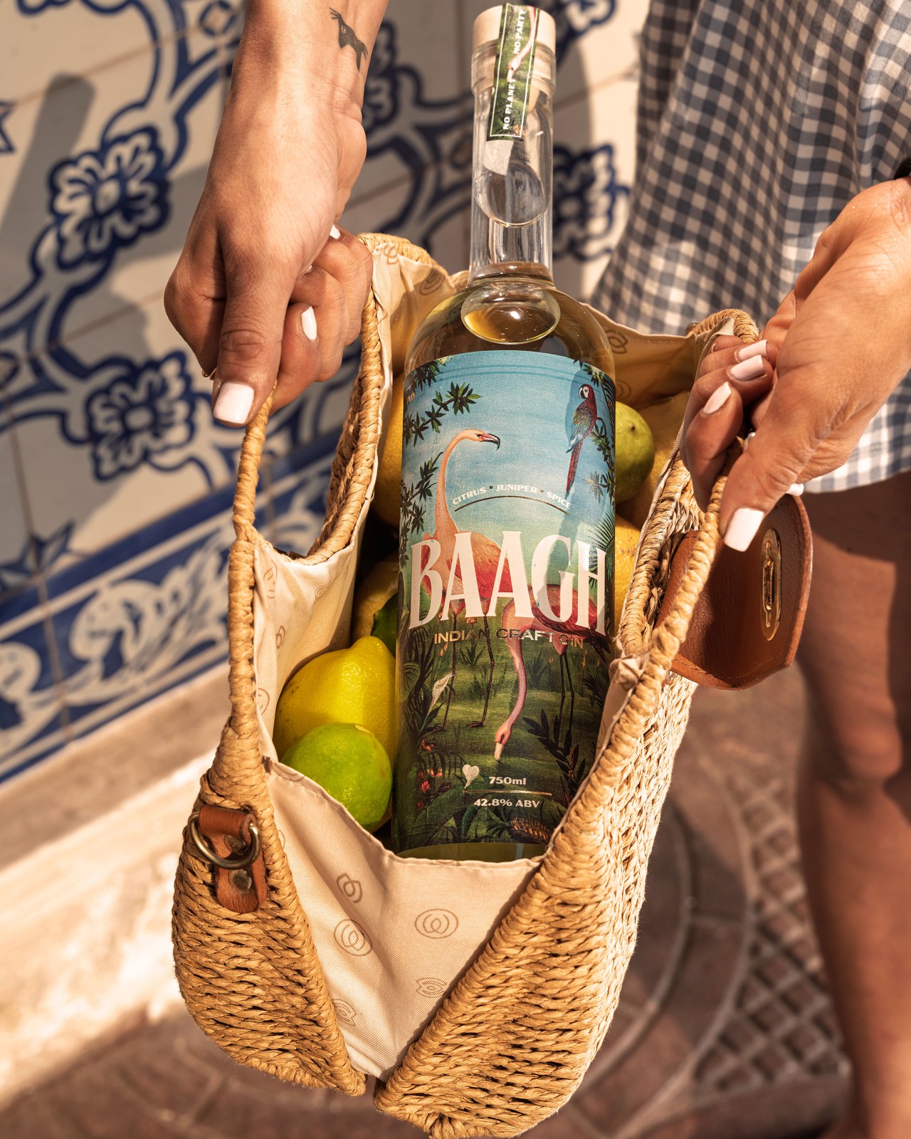 Baagh Indian Craft Gin carried home with fresh lemons and limes, Goa