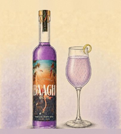 Illustration of a Baagh Blue bottle beside a Dusk 75 with a lemon twist