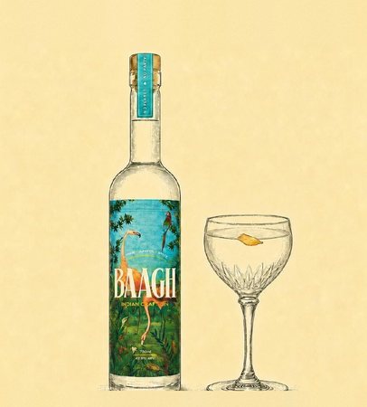 Illustration of a Baagh bottle beside a Garden Martini in a coupe