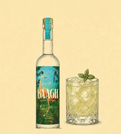 Illustration of a Baagh bottle beside a Garden Smash with fresh basil
