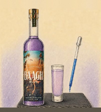 Illustration of a Baagh Blue bottle beside a Jamun Tongue shot and dropper