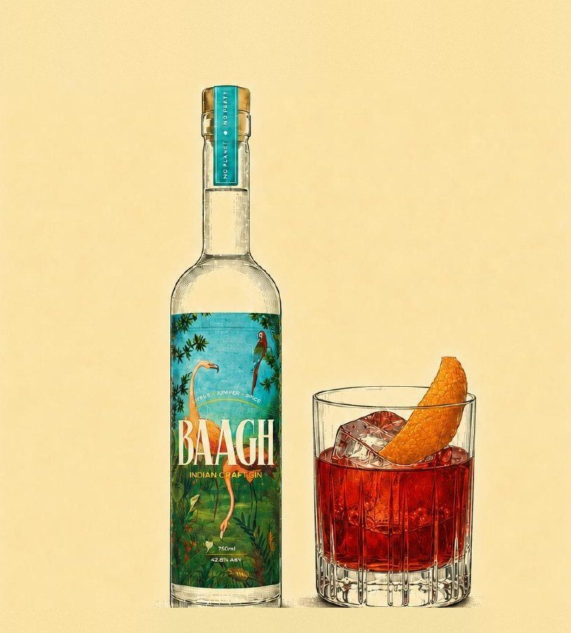 Illustration of a Baagh bottle beside a Nagpur Negroni with orange peel